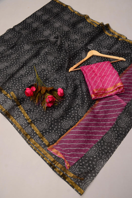 Pure Cotton Kota Doria Kalam Kari Floral Print Saree