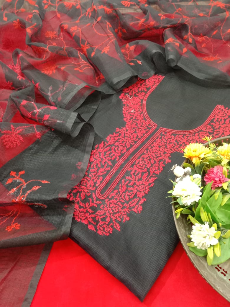 Pure Kota-Doria Unstitched Suit with Embroidery Work