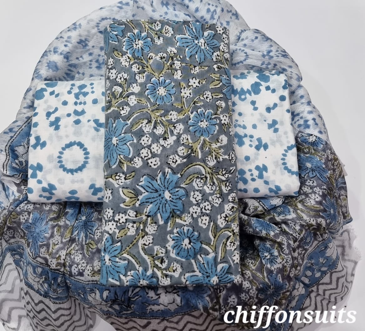 Pure cotton hand-block print suit with Chiffon dupatta