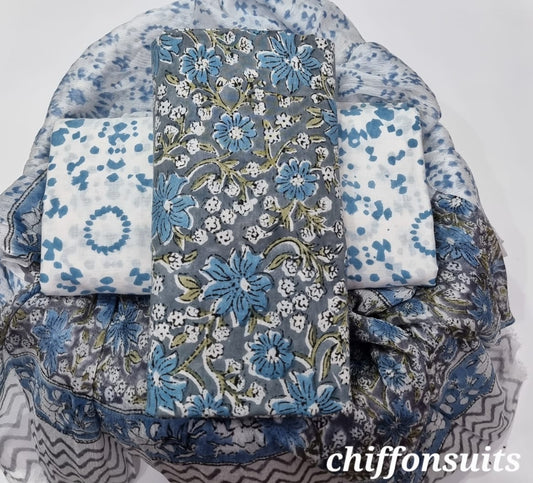 Pure cotton hand-block print suit with Chiffon dupatta