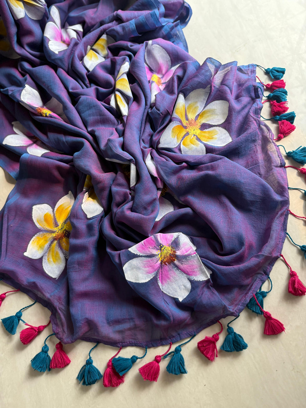 Beautiful Mulmul   Cotton Flowers design Hand Painted Saree