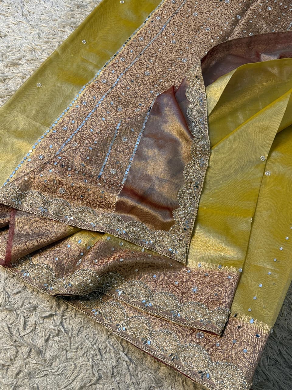 Elegant Tissue Mirror Work Saree with Designer Lace Border