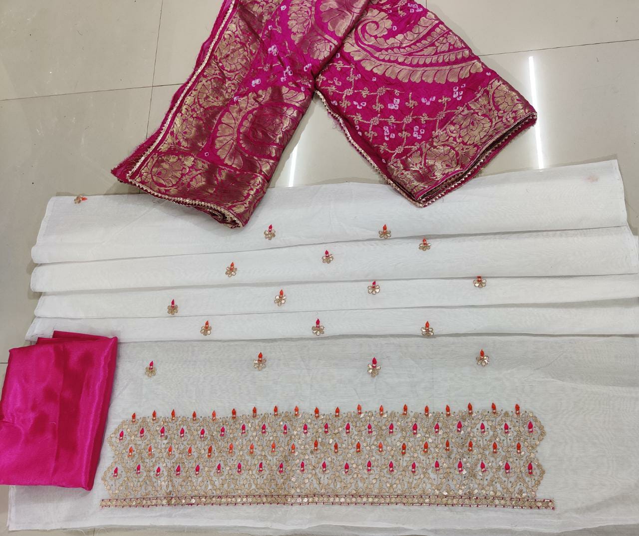 Pure Chanderi Hand Gota Patti Suit With Bandhej Silk Dupatta