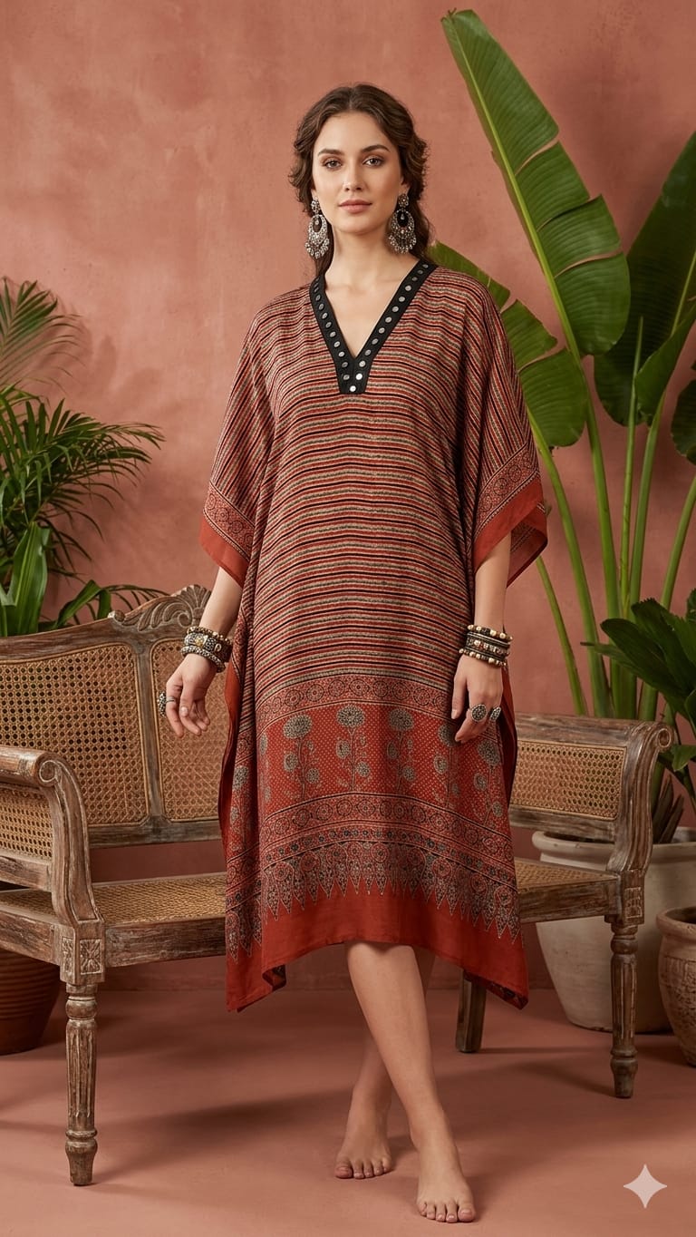 Pure Modal Silk Hand block Printed Kaftans Stitched suit With Hand Mirror Work
