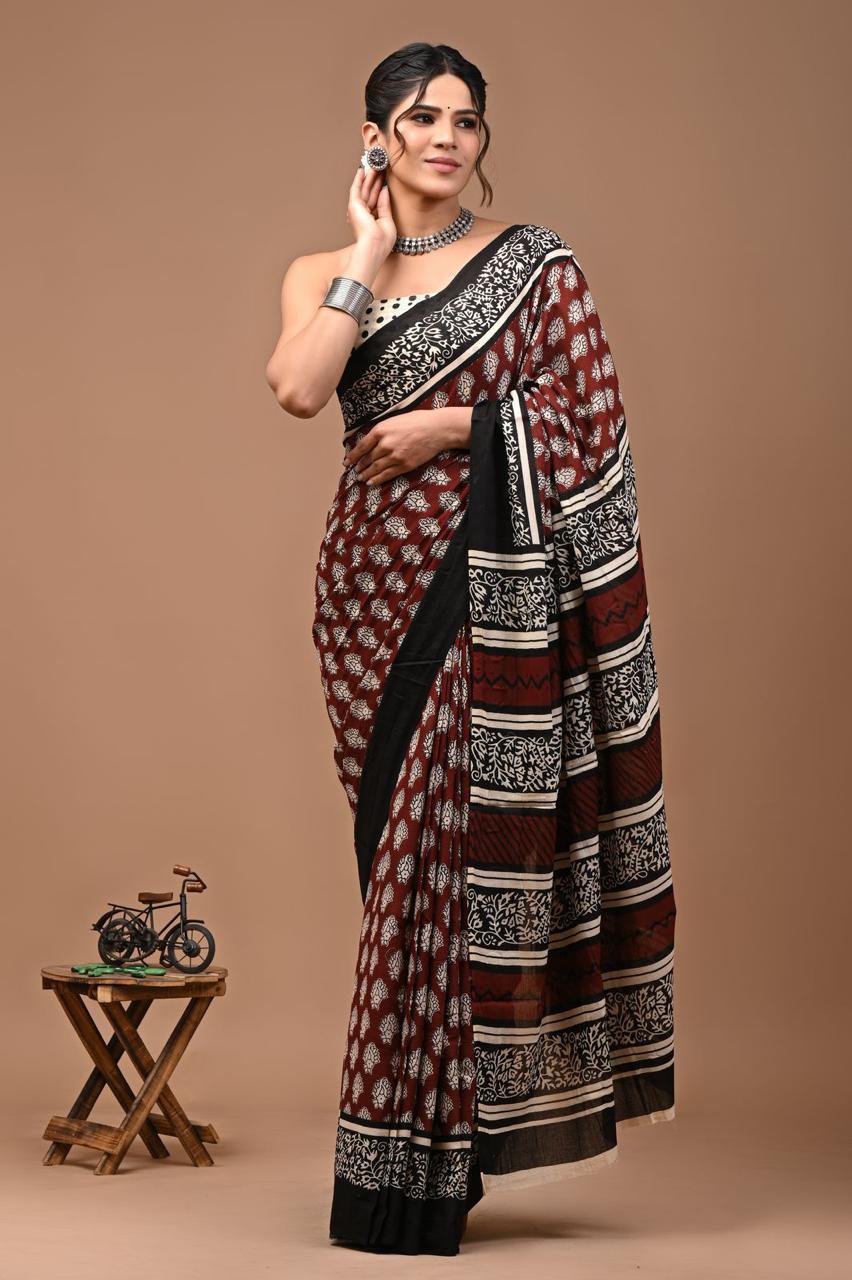 Pure Mulmul Cotton hand block Print Saree with Blouse