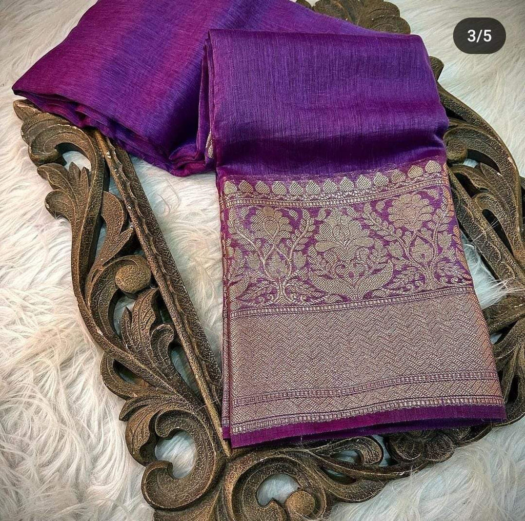 Pure Banarasi Linen Silk Border Saree With Blouse