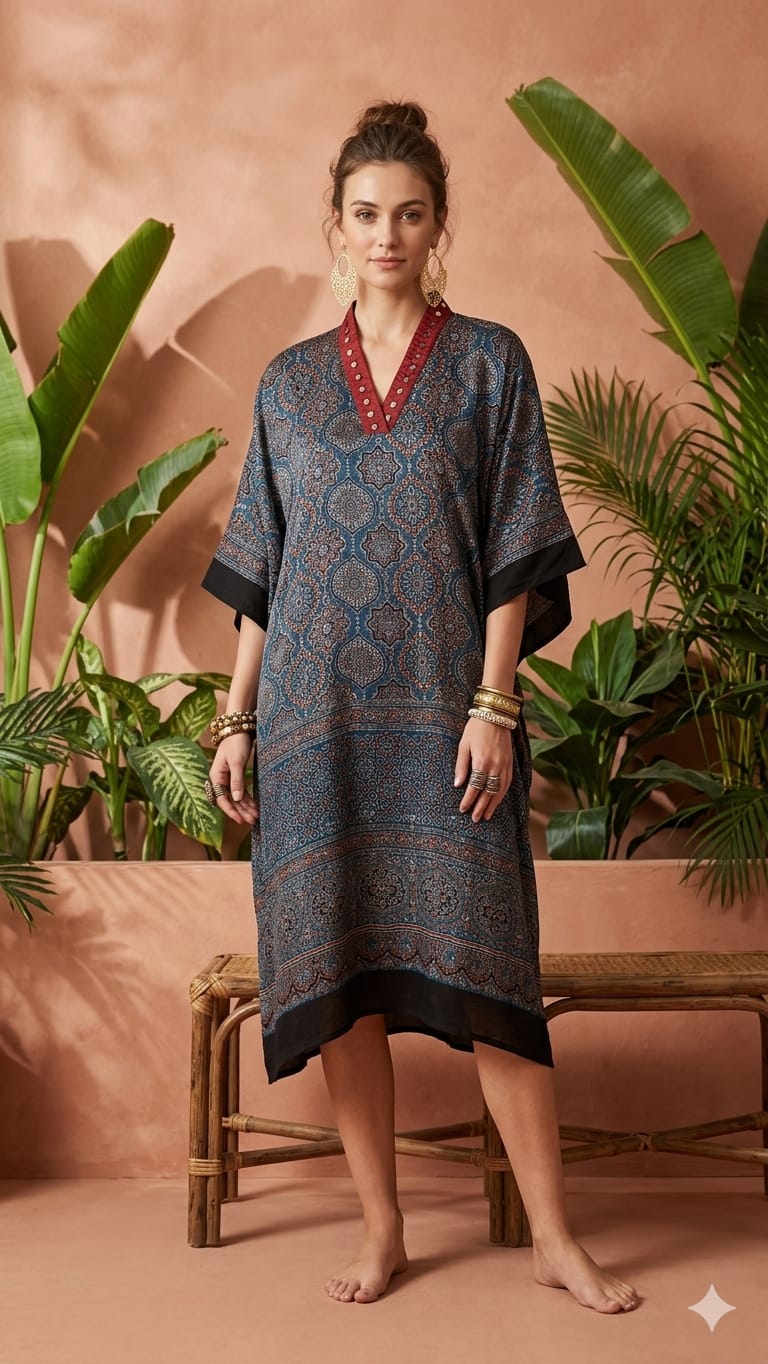 Pure Modal Silk Hand block Printed Kaftans Stitched suit With Hand Mirror Work