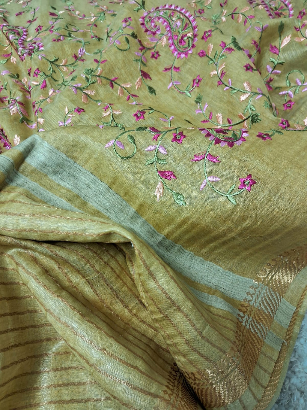 Pure Kota Linen Silk Hand Embroidery Work Saree With Blouse.