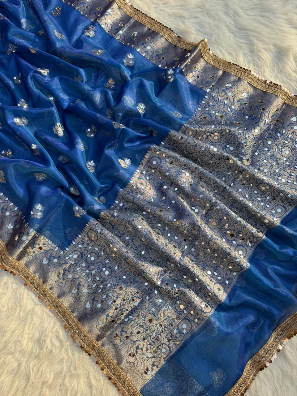Elegant Tissue Mirror Work Saree with Designer Lace Border