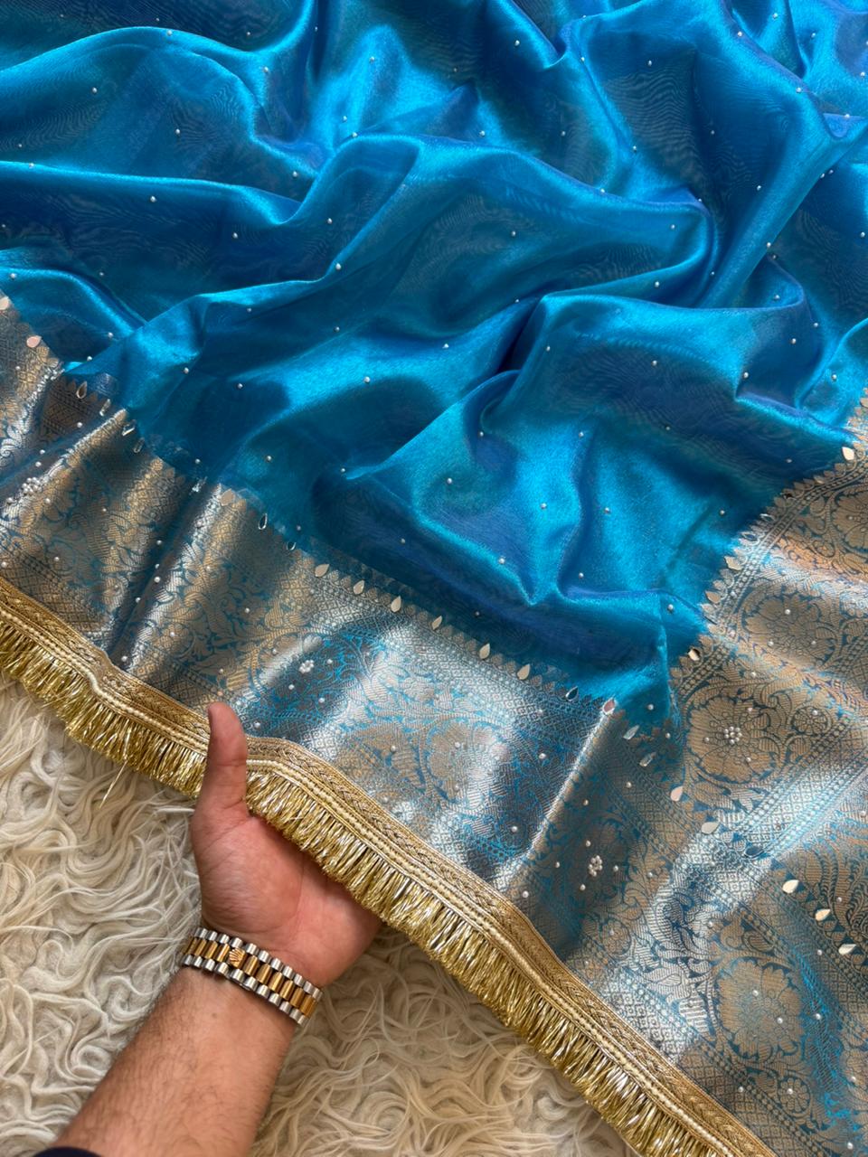 Banarasi Tissue Silk Saree With beautiful borders with beads work