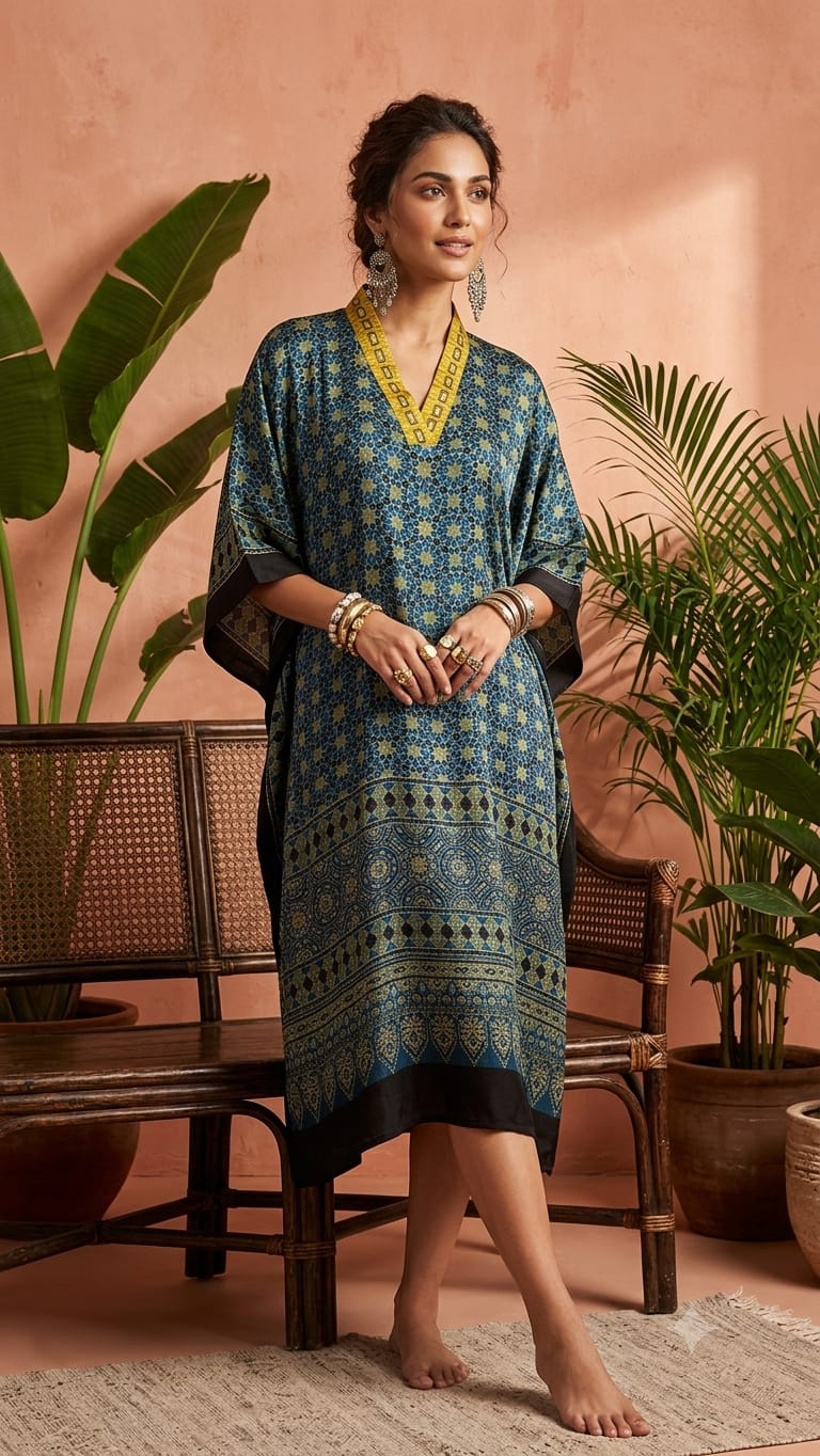 Pure Modal Silk Hand block Printed Kaftans Stitched suit With Hand Mirror Work
