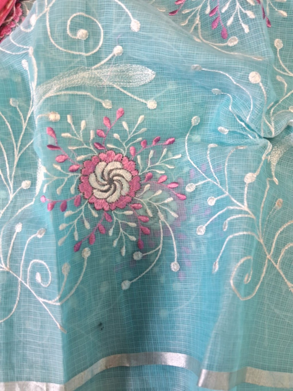 Pure Cotton Kota Doriya Embroidery work Saree With Blouse
