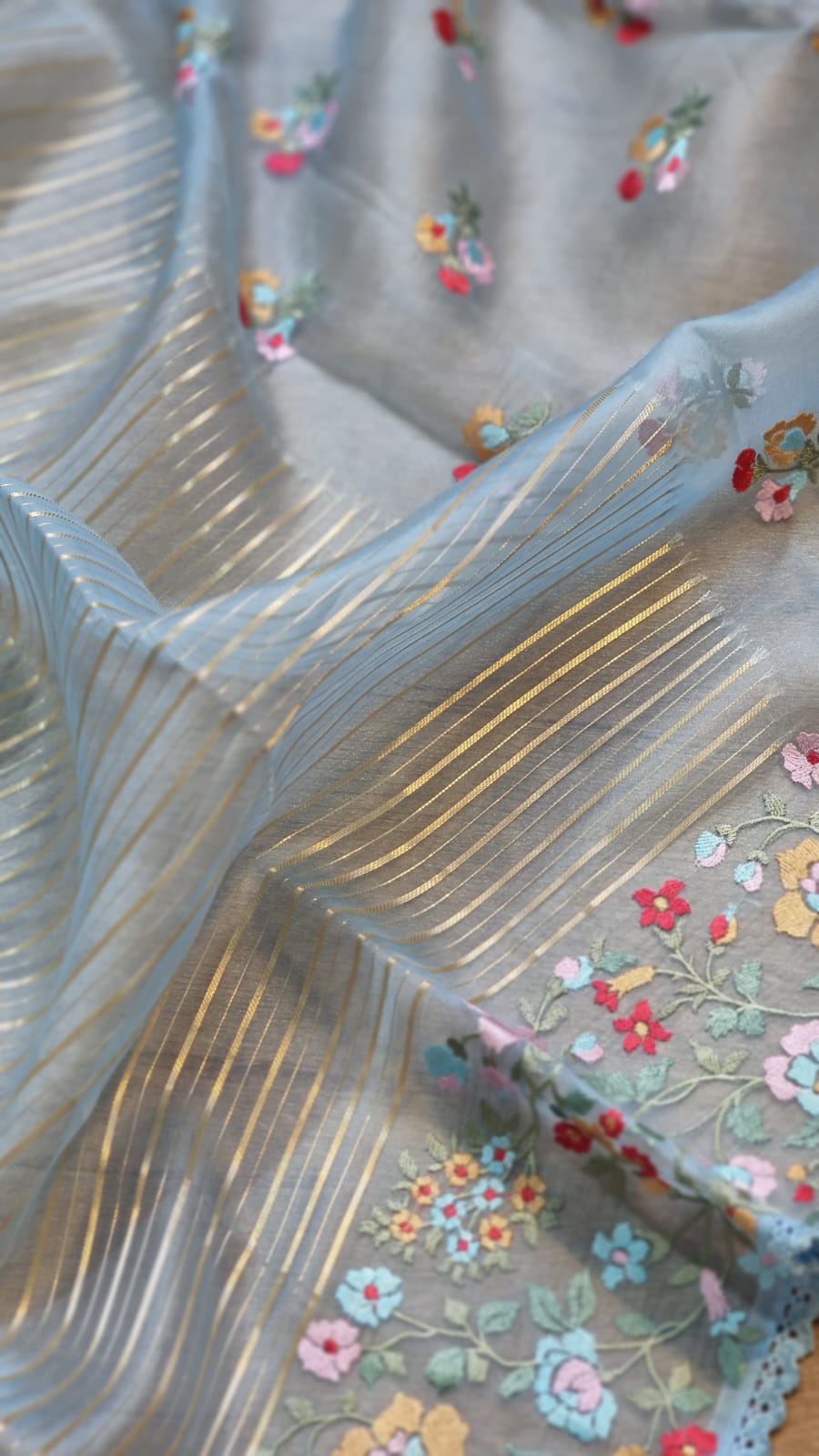 Pure Organza Silk  floral Embroidery Saree with velvet lace and heavy blouse