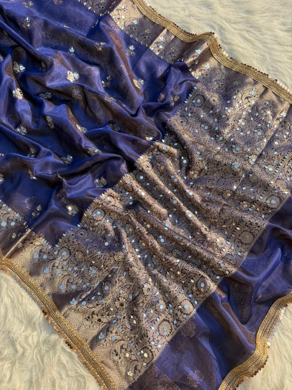 Elegant Tissue Mirror Work Saree with Designer Lace Border