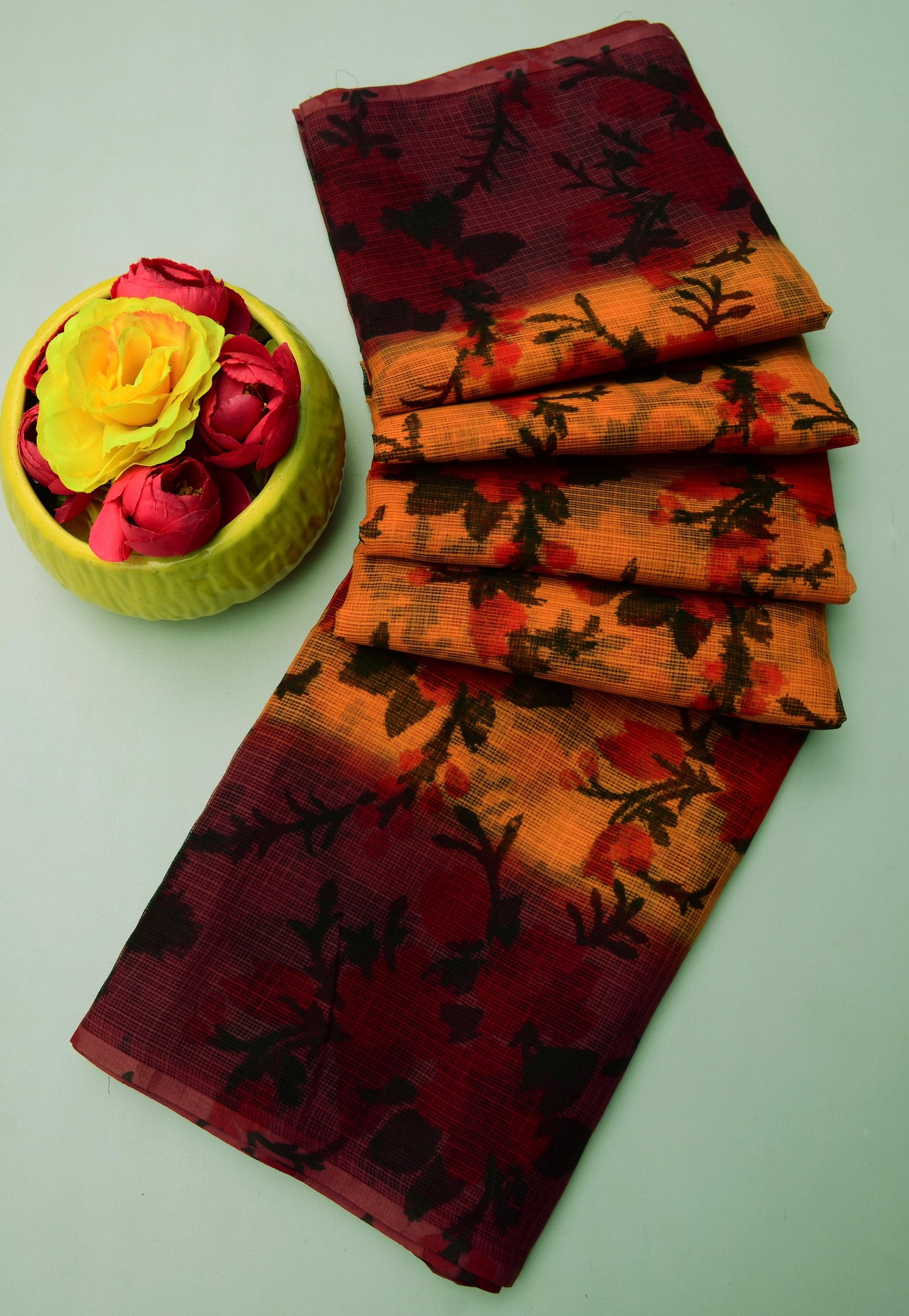 Pure Cotton Kota Doria Kalam Kari Floral Print Sarees