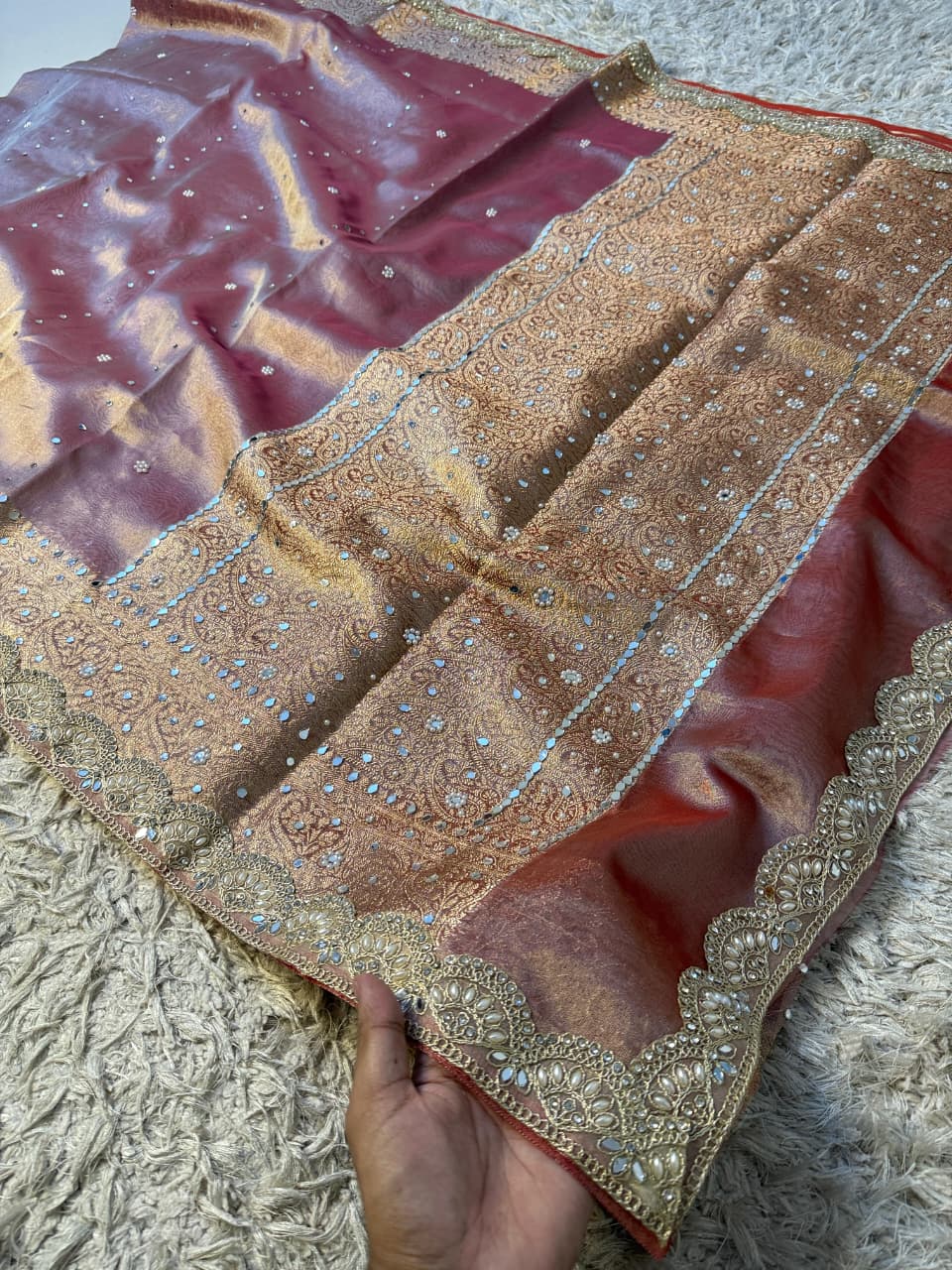 Elegant Tissue Mirror Work Saree with Designer Lace Border