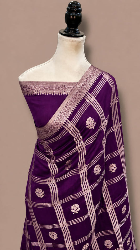 Mango Katan Banarasi Soft Silk Saree with Zari Check Weaving and Floral Boota Work