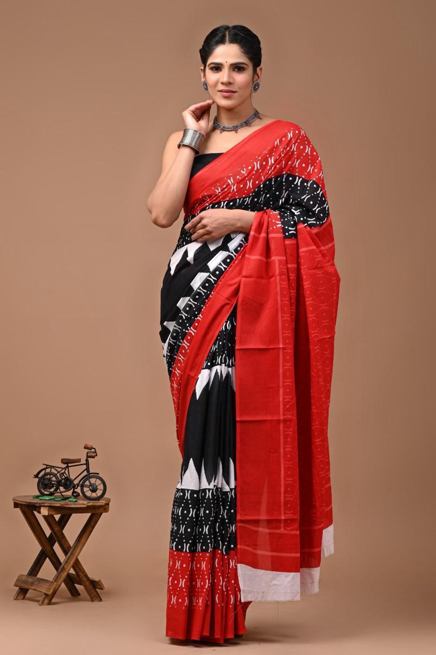 Pure Mulmul Cotton hand block Print Saree with Blouse