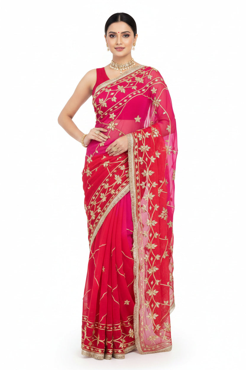 Pure Diamond Chiffon Gota Patti  Work Saree With Blouse
