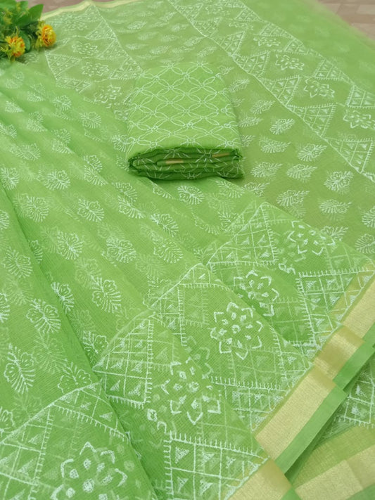 Green Color Kota Cotton Block Print Work Saree