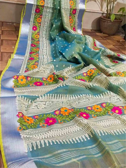 Handloom Muslin Jamdani Embroidery Work saree with running blouse