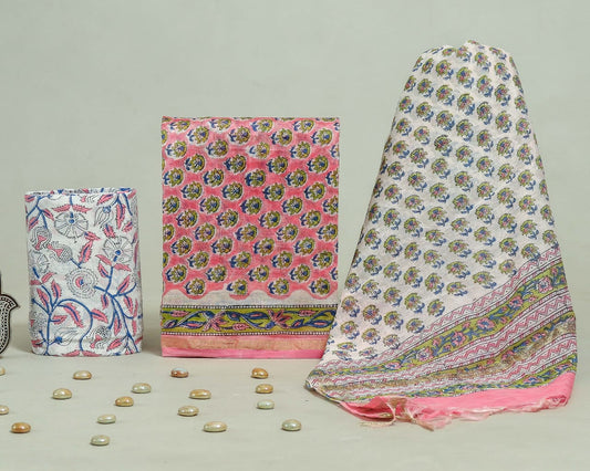 Hand Block Print Chanderi Silk Unstitched Suit