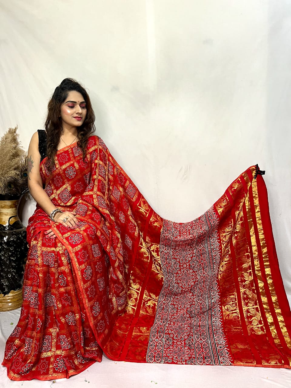 Pure Modal Silk Azrakh handblock saree with blouse