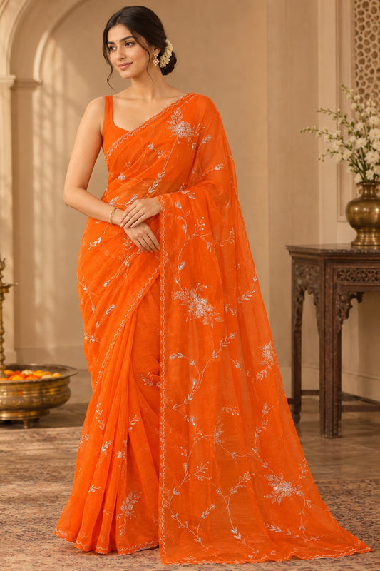 Pure Jaipuri Chiffon Jaal Work Saree With Beautiful Rajputi look and Running Blouse