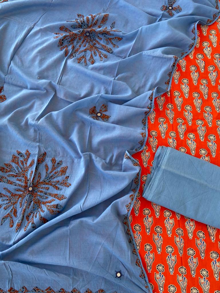 Ajrakh print cotton top With ajrakh mirror work  dupatta