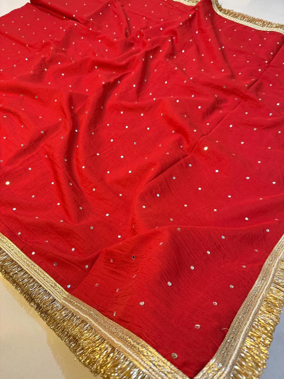 Designer Katan Cotton Banarasi Handwork Mirror and Lace Work Saree