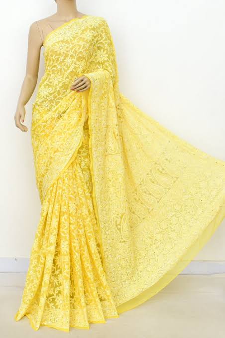 Yellow color Lucknowi Chikankari work Saree