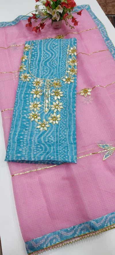 Premium Kota Doria Cotton 3 Pic Unstitched Suit Material with Hand Gota Work & Dupatta