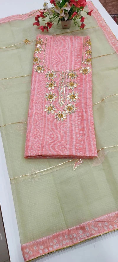 Premium Kota Doria Cotton 3 Pic Unstitched Suit Material with Hand Gota Work & Dupatta