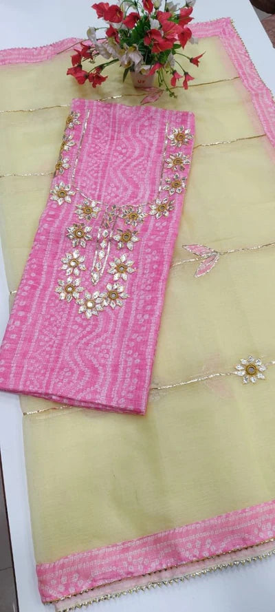 Premium Kota Doria Cotton 3 Pic Unstitched Suit Material with Hand Gota Work & Dupatta