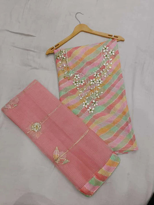 Premium Kota Doria Cotton 3 Pic Unstitched Suit Material with Hand Gota Work & Dupatta