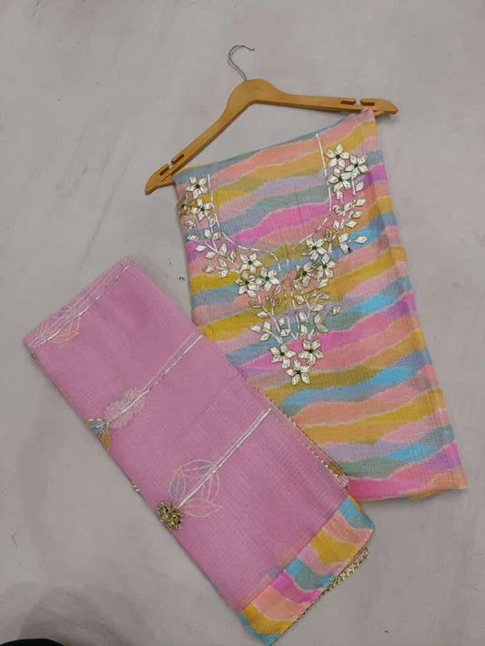 Premium Kota Doria Cotton 3 Pic Unstitched Suit Material with Hand Gota Work & Dupatta