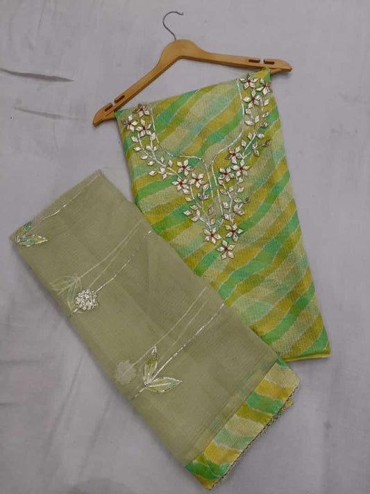 Premium Kota Doria Cotton 3 Pic Unstitched Suit Material with Hand Gota Work & Dupatta