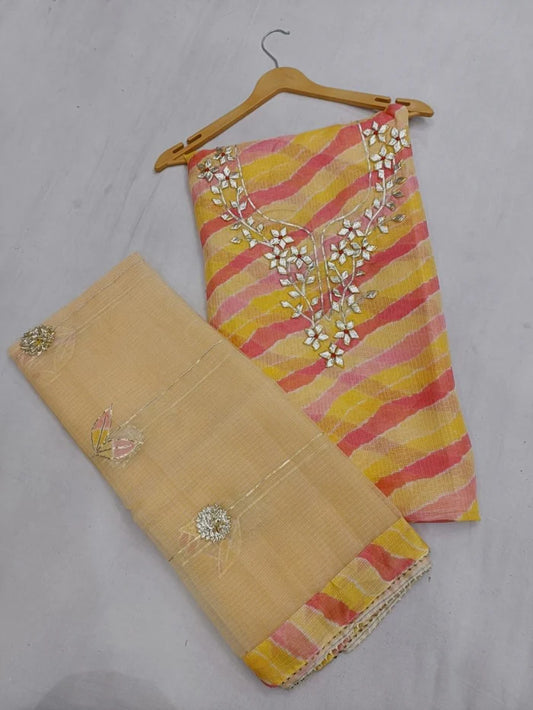 Premium Kota Doria Cotton 3 Pic Unstitched Suit Material with Hand Gota Work & Dupatta