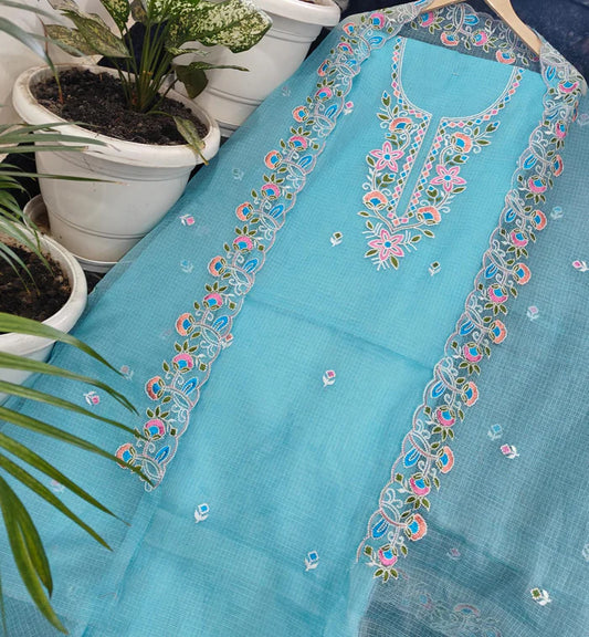 Premium Kota Doria Soft Cotton 3 Pic Unstitched Salwar Suit with Embroidered Dupatta