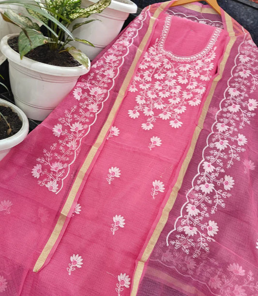 Premium Kota Doria Soft Cotton 3 Pic Unstitched Salwar Suit with Embroidered Dupatta
