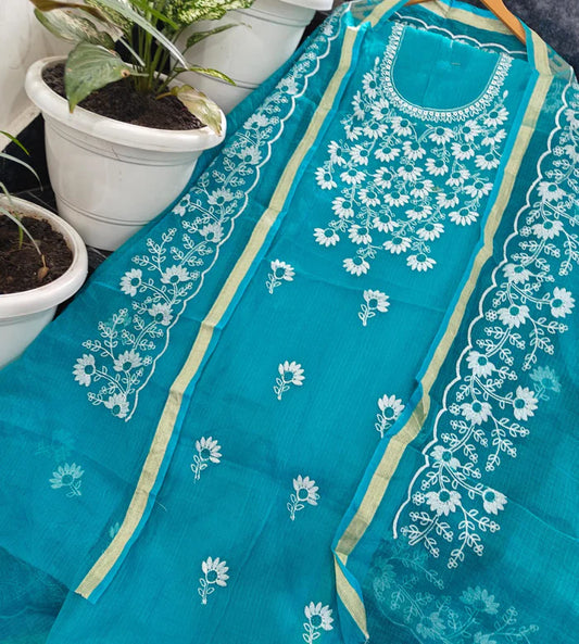 Premium Kota Doria Soft Cotton 3 Pic Unstitched Salwar Suit with Embroidered Dupatta