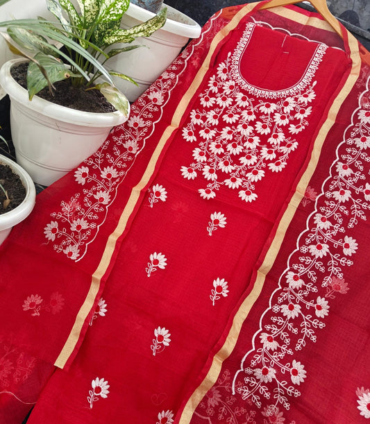 Premium Kota Doria Soft Cotton 3 Pic Unstitched Salwar Suit with Embroidered Dupatta