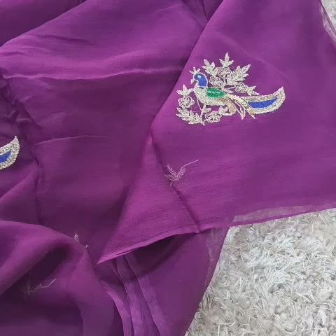 Beautiful Pure Jaipuri Chiffon 13 big Bird motif work Saree with blouse