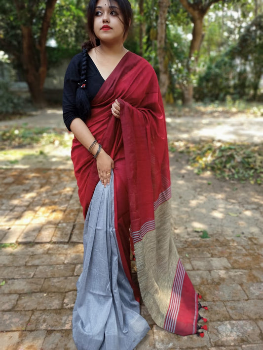 Red color Khaddi Cotton Saree With Blouse