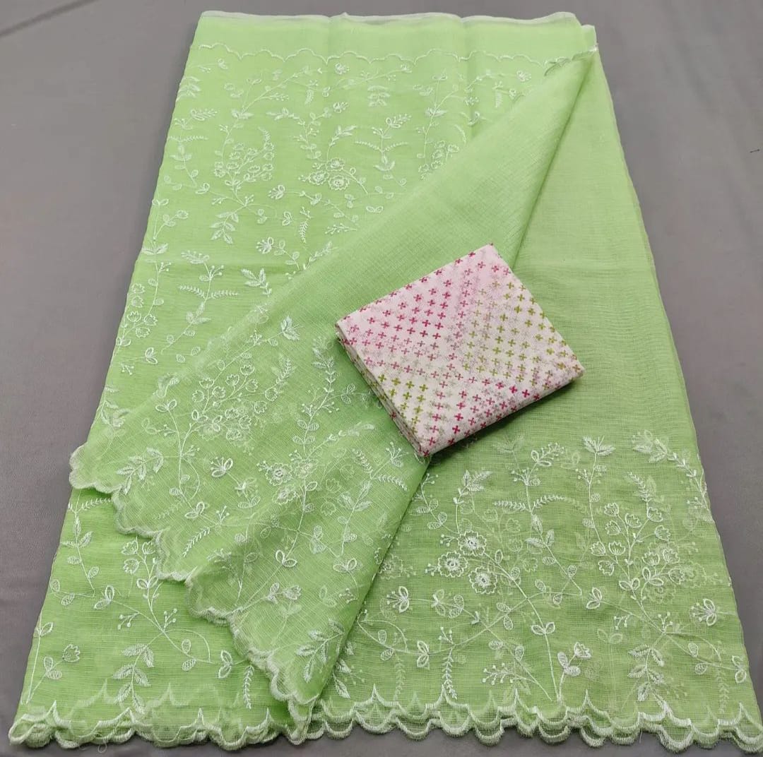 Kota Doria Embrodiery Work Saree With Blouse