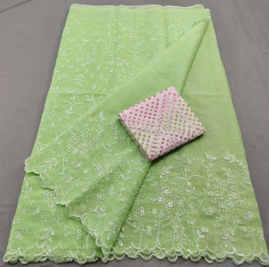 Kota Doria Embrodiery Work Saree With Blouse