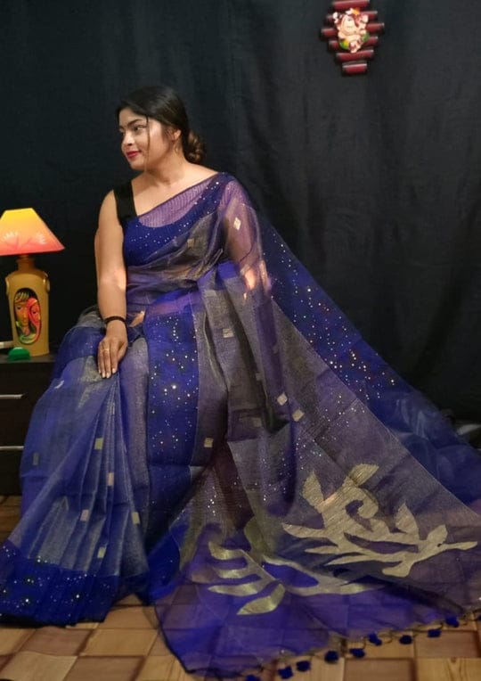Pure moslin Tissue Jamdani Saree With Running Blouse