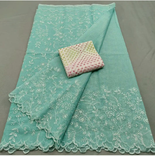 Kota Doria Embrodiery Work Saree With Blouse