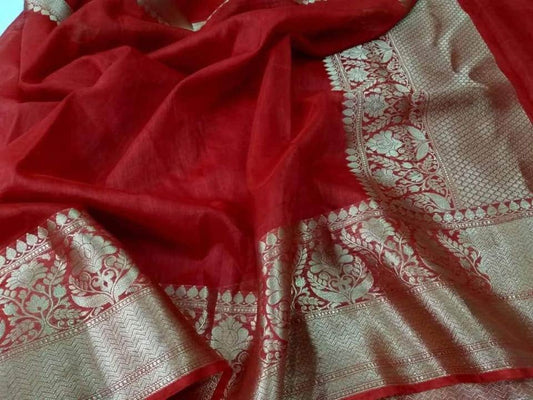 Pure Banarasi Linen Silk Border Saree With Blouse