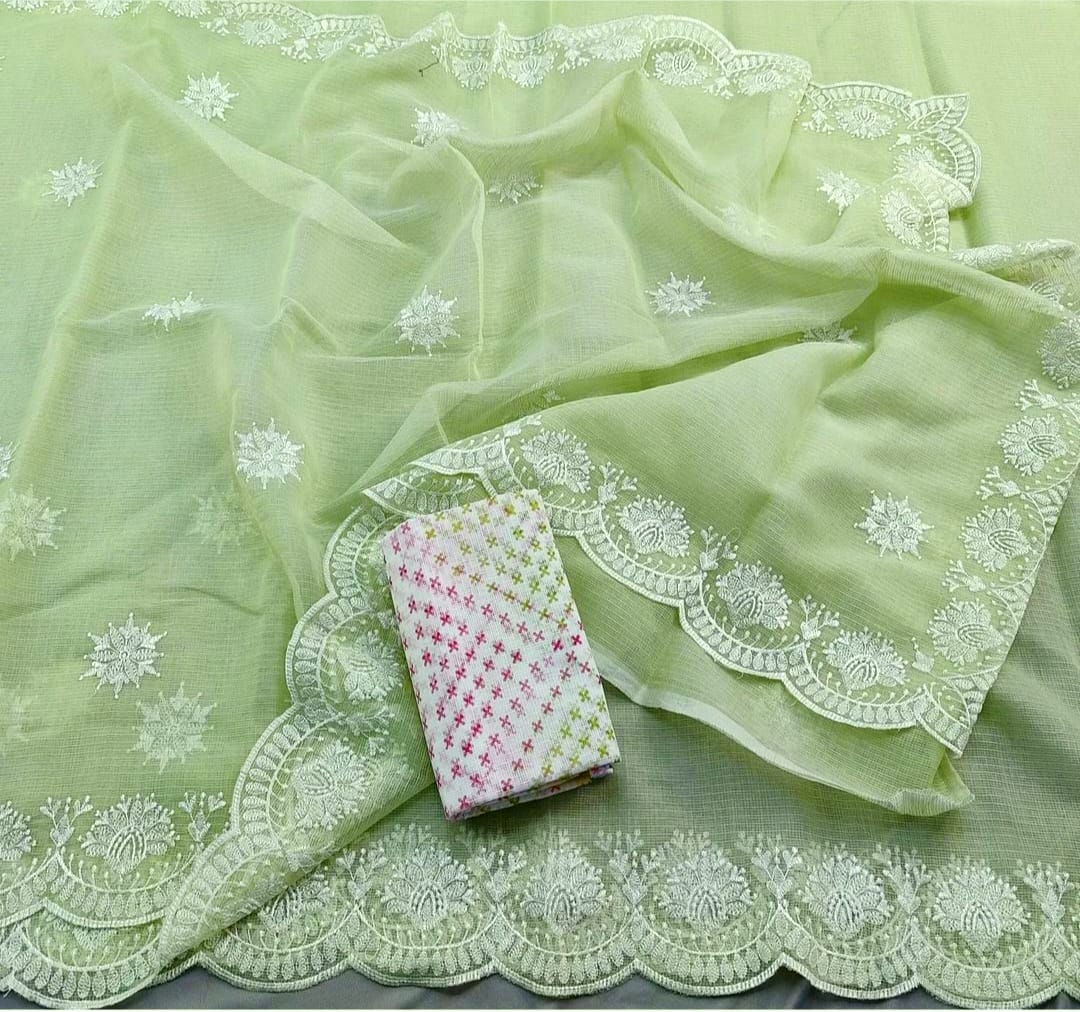 Kota Doria Embrodiery Work Saree With Blouse